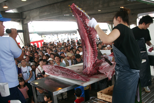 油谷本マグロの解体実演販売