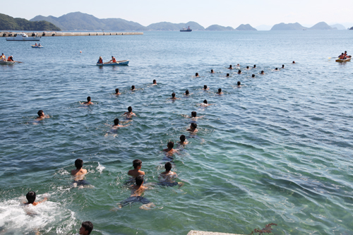 晴れ渡った空の下、仙崎湾を泳ぐ