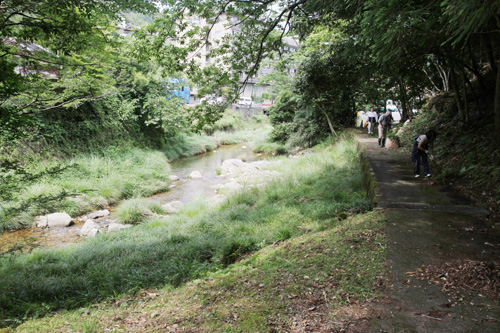 参道は大寧寺川のそば