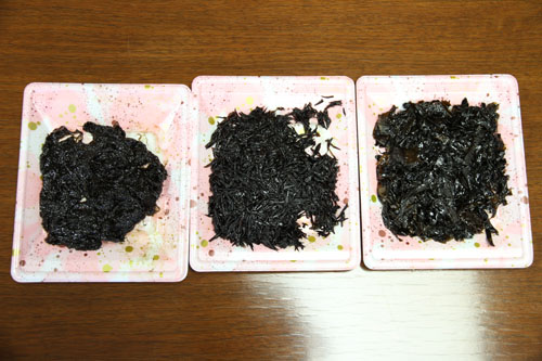 左からもずく、ひじき、わかめの佃煮