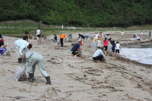 海岸の至る所でごみを拾う