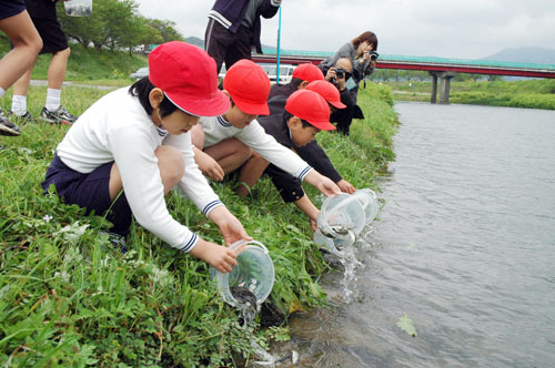 児童が稚鮎を放流