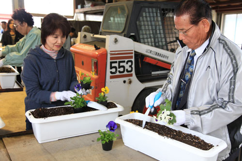 花の植え替えの実習のようす