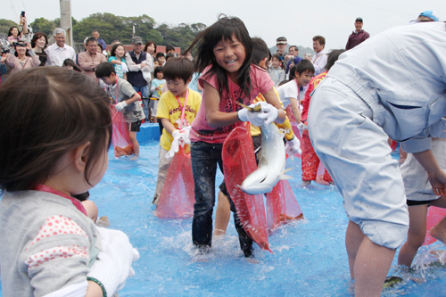 魚のつかみ取りではヒラメやメイボ、メジなどを狙ってつかむ