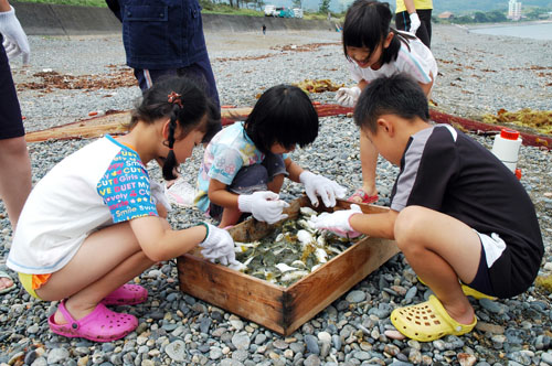めずらしそうにフグを触る子どもたち
