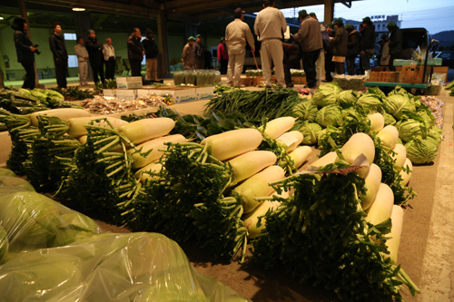 市場には大根や白菜、カブやトマトなど多くの品目が並んだ