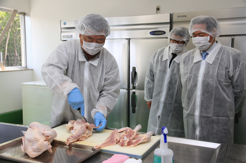 食肉加工処理室では実際に長州黒かしわの解体を実演