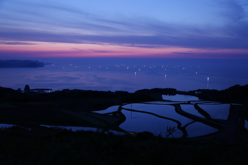 東後畑の棚田では、夕日が沈む日本海に浮かぶ、無数の漁火を見ることができる