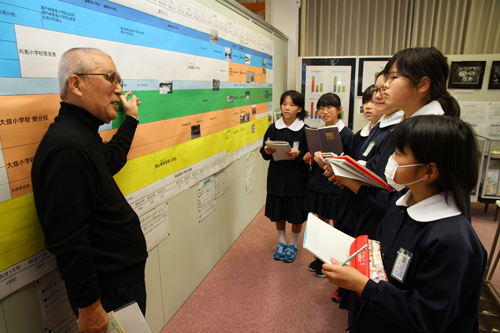学校の歴史に詳しい藤井文則氏から説明を受ける深川小学校６年生。卒業プロジェクトとして纏めるという