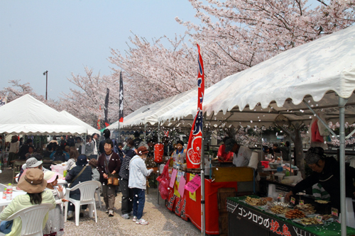 桜吹雪が風に舞う中、ステージイベントやバザーで賑わう