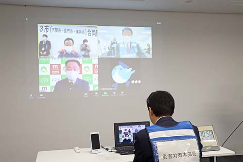 下関市の前田市長、美祢市の篠田市長とオンラインで話す江原市長
