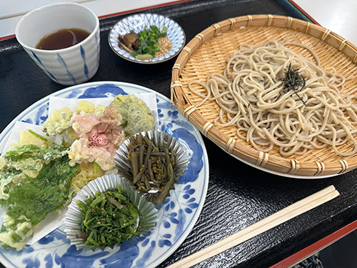 この時期に採れた山菜や野菜を使った天ざるそば