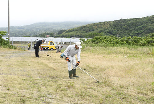駐車場となる敷地の草を刈る参加者