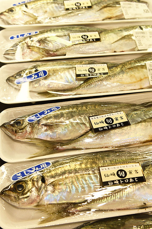 「仙崎トロあじ」のラベルが貼られた鮮魚