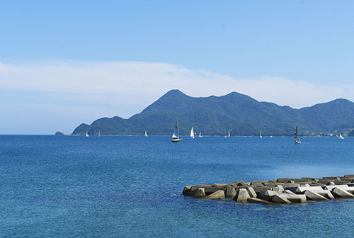 青海島を望みながら悠々と進むヨット