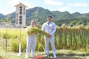 抜穂式で刈った稲を手にする木村夫妻